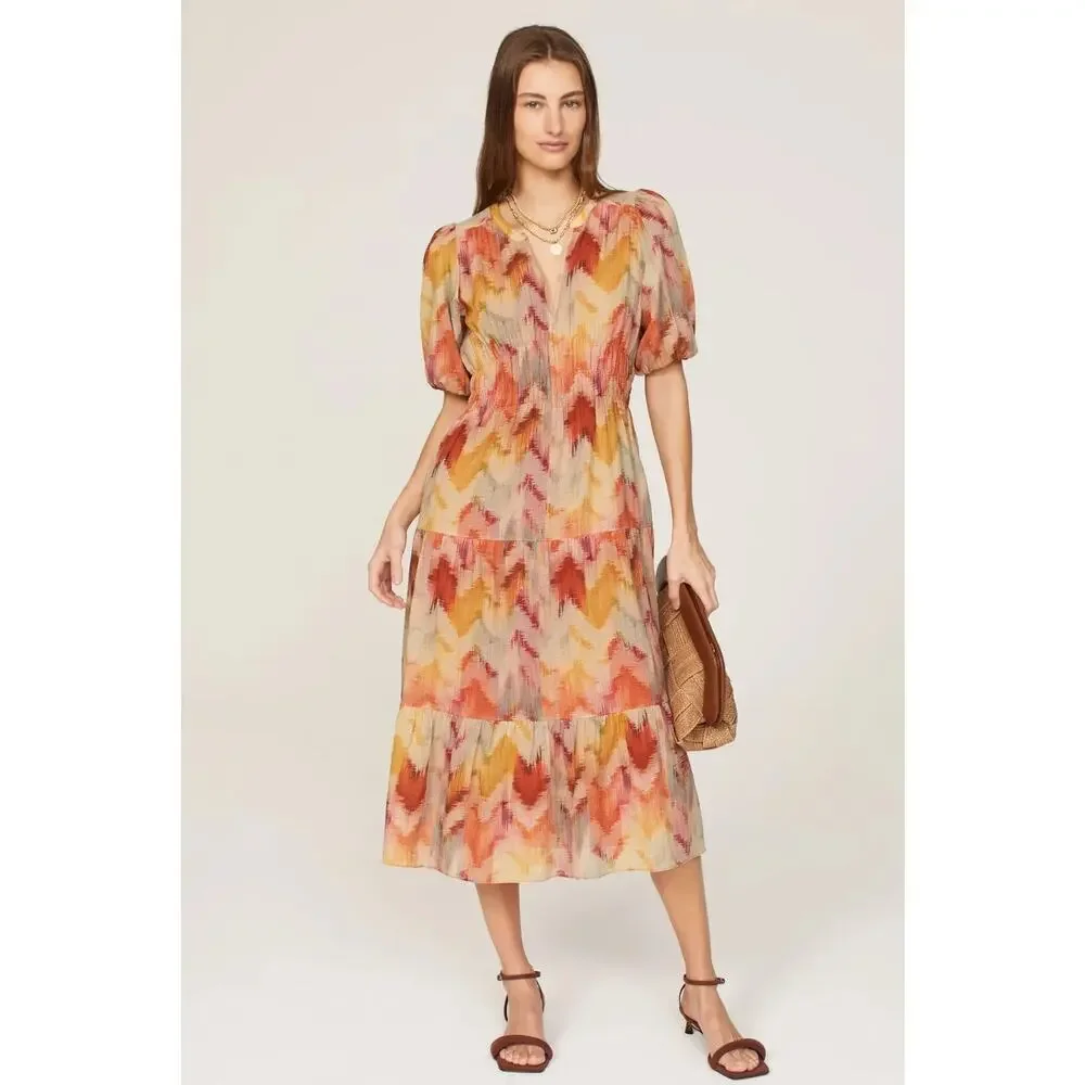 ba&sh Anissa Dress Short Sleeve Tiered Midi A-Line Orange Chevron Tie Dye XS